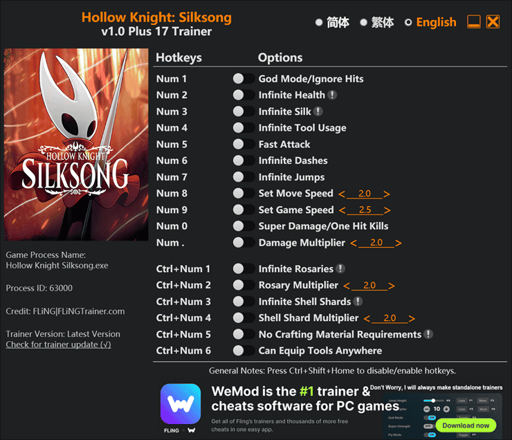 Hollow Knight: Silksong Trainer